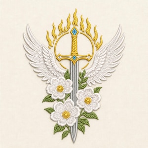 May include: An embroidery design featuring a central silver sword with a gold hilt and blue accents, surrounded by a golden flame halo, two large white feathered wings, and three white flowers with yellow centers and green leaves.