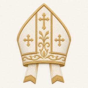 May include: An embroidered miter patch featuring a white base with gold thread detailing. The design includes three crosses and ornate scrollwork patterns, finished with two hanging white and gold ribbons at the bottom edge of the headpiece.
