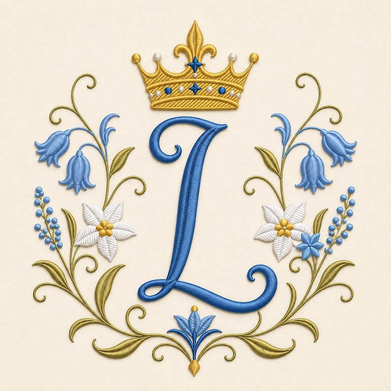 May include: An embroidered design featuring a large, blue, cursive letter L centered beneath a gold crown. The letter is framed by symmetrical floral motifs including blue bell-shaped flowers, white star-shaped blossoms, and green leafy vines.