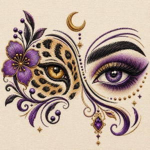 May include: Embroidered artwork featuring a split design: one side with a leopard eye and the other with a purple eye with makeup. The design includes a purple flower, gold crescent moon, and decorative elements in purple and gold.