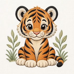 Puede incluir: Un parche bordado que presenta un cachorro de tigre de dibujos animados con pelaje naranja, rayas negras y grandes ojos oscuros. El tigre está sentado, flanqueado por dos plantas de hojas verdes a cada lado. Diseño en hilo detallado.