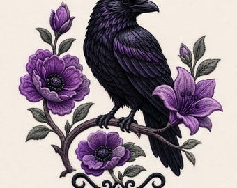 May include: An embroidered design featuring a black raven perched on a curved branch. The bird is surrounded by vibrant purple flowers, including blooming anemones and a lily, with dark green leaves and a decorative black scrollwork base.