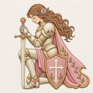 Puede incluir: Un parche bordado que representa una figura con armadura color crema arrodillada con una espada. La figura tiene el pelo largo castaño con una rosa rosa, una capa rosa con bordados de hojas verdes y un escudo rosa con una cruz blanca y oro.