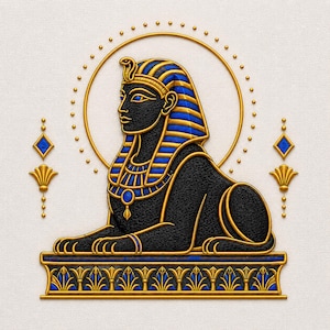 May include: A black and gold embroidered sphinx emblem featuring blue accents. The sphinx wears a striped nemes headdress with a cobra, set against a circular gold halo with dots. Flanking the figure are two vertical gold and blue diamond motifs.