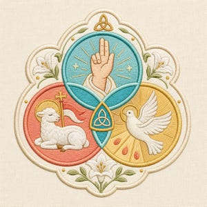 Christian Holy Trinity Patch Machine Embroidery File, Dove Lamb Blessing Hand Religious Emblem