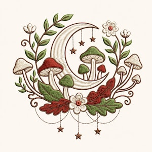 May include: An embroidery design featuring a central crescent moon surrounded by various mushrooms, green leaves, and white flowers. The composition includes hanging star charms and delicate thread lines, rendered in shades of red, green, and white.