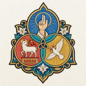 May include: An embroidered patch featuring three circular motifs: a hand with two fingers raised in a blue circle, a white lamb with a red flag in a red circle, and a white dove in a gold circle, all surrounded by white lilies and gold trim.