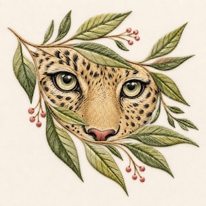 Pode incluir: Um bordado detalhado apresentando o rosto de um leopardo com olhos verdes e manchas pretas, emoldurado por folhas verdes intrincadamente costuradas e pequenas bagas cor-de-rosa em caules finos, sobre um fundo de tecido branco sujo.