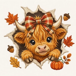May include: An embroidered design featuring a fluffy ginger Highland cow peeking through a torn paper effect. The cow wears a plaid bow between its horns and is surrounded by orange maple leaves, oak leaves, acorns, and a small orange pumpkin.