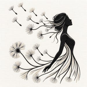 Puede incluir: Un diseño de bordado que presenta la silueta negra de una figura de perfil. El cabello y el vestido de la figura se transforman en numerosas cabezas de semillas de diente de león y tallos que flotan por el marco, creando un efecto visual fluido.