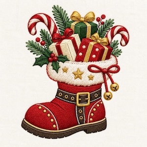 May include: An embroidered red boot with a white faux fur cuff, filled with candy canes, green, white, and red gift boxes with gold bows, holly leaves, and red berries. The boot features a brown strap with a gold buckle and gold studs.
