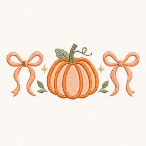 May include: An embroidery design featuring a central orange pumpkin with a green stem and leaves, flanked by two peach-colored bows and small four-pointed stars on either side, all rendered in a stitched thread texture on a plain white background.