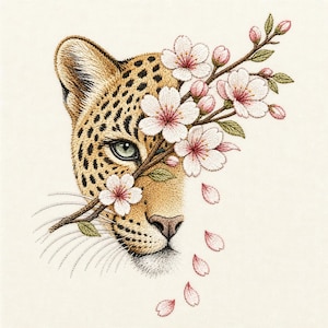 May include: An embroidery design featuring the head of a leopard with golden fur and black spots, partially obscured by a brown branch with light pink cherry blossoms and green leaves, with several detached pink petals falling below the branch.
