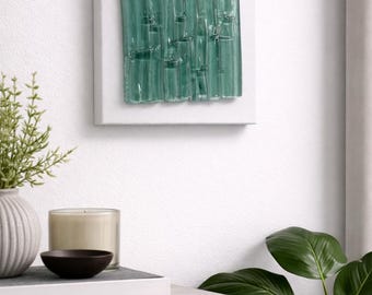 Handgemaakt smaragdgroen gesmolten glas muurdecor op canvas, modern interieurpaneel