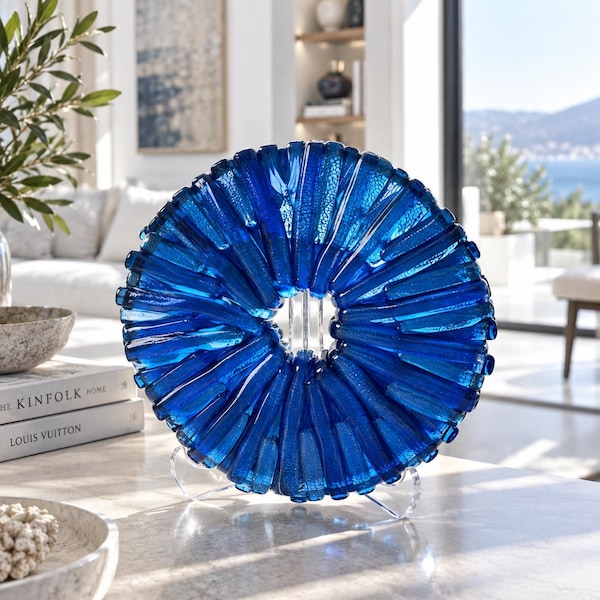 Handmade Deep Blue Fused Glass Sculpture – Modern Art Decor, Table Decor