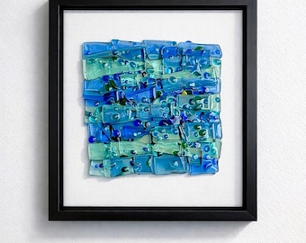 Handgemaakte gesmolten glaskunst aan de muur, op de oceaan geïnspireerd blauwgroen decor, ingelijst paneel