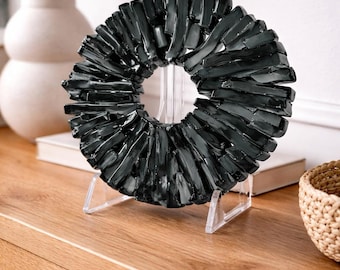 Handmade Dark Black Fused Glass Sculpture – Modern Art Decor, Round Table Decor