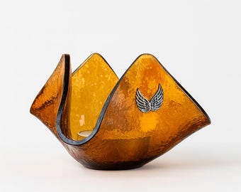 Handmade Amber Fused Glass Candle Holder: Wing Badge Home Decor, Table Decor