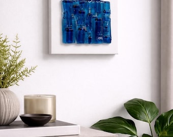 Handgemaakte oceaanblauwe gesmolten glazen wanddecoratie op canvas, modern interieurpaneel