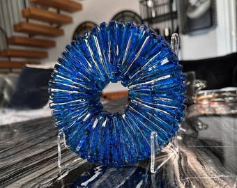 Handmade Deep Blue Fused Glass Sculpture – Modern Art Decor, Table Decor