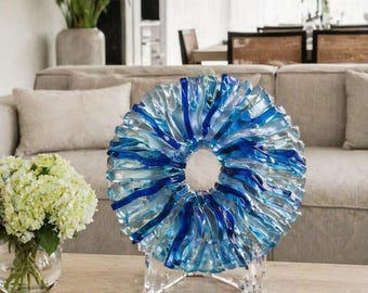 Handmade Blue Glass Sculpture, Modern Round Art Object, Tabletop Home Decor