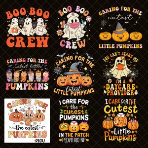 May include: A selection of Halloween-themed graphics with ghosts, pumpkins, and text. The designs feature phrases such as "Boo Crew", "Caring for the Cutest Little Pumpkins", and "I'm a Daycare Provider". The colour scheme includes orange, white, and black.