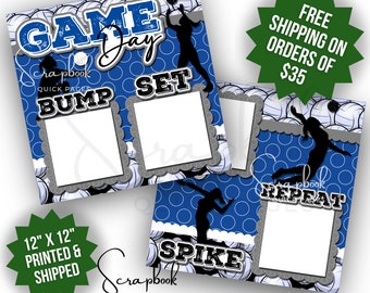 Volleyball Scrapbook Page Premade PRINTED Blue Game Day 12x12 Scrapbook Quick Page Sports Scrapbook Girls Volleyball Digital Print Scrapbook