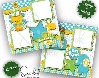 Baby Boy Scrapbook Page Premade PRINTED 1st Birthday Scrapbook Quick Page First Birthday Elephant Giraffe Lion Scrapbook 12x12 Digital Print
