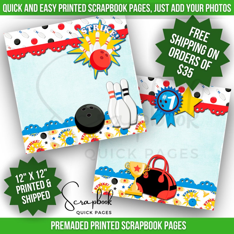 Bowling Scrapbook Pages Premade Sports Scrapbook Layout PRINTED Scrapbook Quick Pages 12x12 Digital Print Scrapbook Bowling Strike Boy Girl image 3