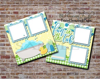 Fun In The Tub PRINTED Scrapbook Pages, Boy Bath Time, Blue, Green- 2 Premade Scrapbook 12x12 Pages 094