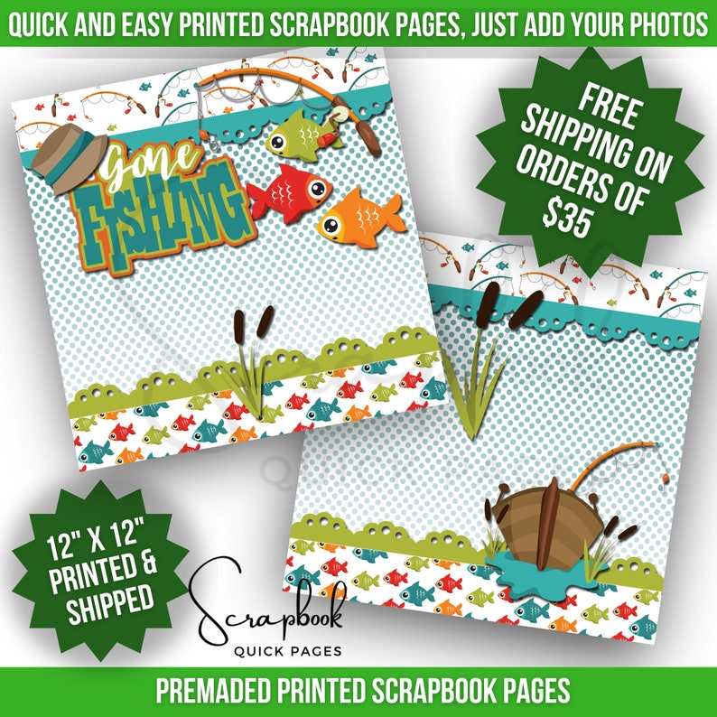 Fishing Scrapbook Page Printed Scrapbook Layout Fish Boat Premade PRINTED Scrapbook Quick Pages 12x12 Digital Print Page Summer Fishing Trip image 3