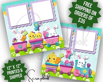 Easter Scrapbook Pages Premade PRINTED Easter Train Scrapbook Layout Easter Bunny Scrapbook Quick Pages 12x12 Digital Print Easter Bunny