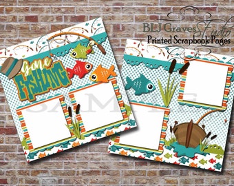 Gone Fishing, Fish, Boat - 2 Premade PRINTED Scrapbook 12x12 Pages 062