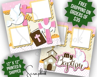 Baptism Scrapbook Pages Premade Religion Pink Girl Baby Baptism PRINTED Scrapbook Quick Pages 12x12 Digital Print Scrapbook Pages Layout