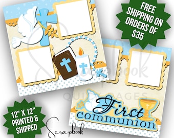 First Communion Scrapbook Pages Premade Boy Blue First Communion Girl Pink Premade PRINTED Scrapbook Quick Pages 12x12 Digital Print Layout