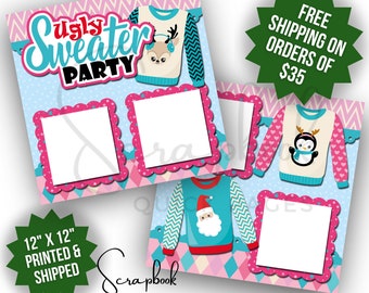 Christmas Scrapbook Page Premade Pink Ugly Christmas Sweater Party Scrapbook Premade Layout PRINTED Scrapbook Quick Page 12x12 Digital Print