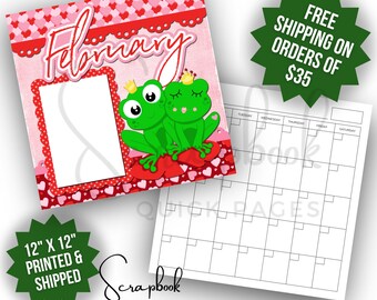 February Calendar Scrapbook Page Premade PRINTED 12x12 Valentine Scrapbook Quick Page Love Scrapbook Page Digital Print Girl Scrapbook Boy