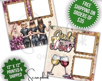 Girls Night Wine Scrapbook Page Premade PRINTED Scrapbook Quick Page 12x12 Scrapbook Bachelorette Party Digital Print Scrapbook Custom Title