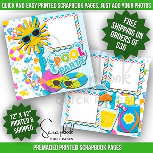 Può includere: Un set di quattro pagine di scrapbook stampate pre-realizzate da 30,5 x 30,5 cm con un tema di festa in piscina. Le pagine presentano uno sfondo blu con un motivo bianco e giallo di giocattoli per piscina, occhiali da sole e le parole "Pool Party". Ci sono tre spazi per foto sulle pagine, ognuno con un bordo bianco.