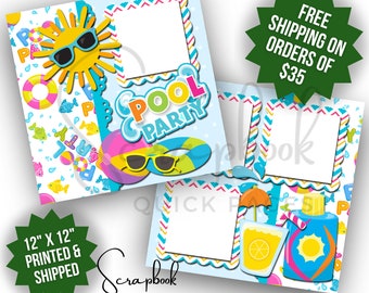 Summer Scrapbook Page PRINTED Pool Party Scrapbook Layout Vacation Tropical Scrapbook 2 Premade PRINTED Scrapbook 12x12 Page Quick Pages