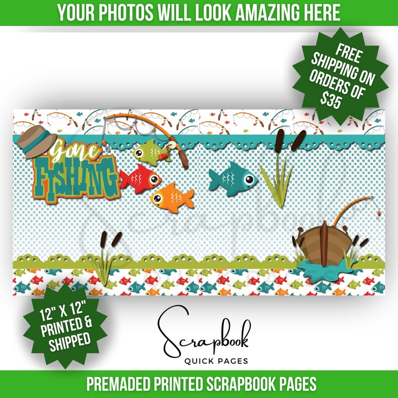 Fishing Scrapbook Page Printed Scrapbook Layout Fish Boat Premade PRINTED Scrapbook Quick Pages 12x12 Digital Print Page Summer Fishing Trip Without Photo Mats