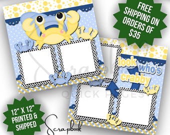 Crabby Kid Scrapbook Page Premade PRINTED 12x12 Scrapbook Quick Page Crabby Baby Scrapbook Page Funny Crab Scrapbook Page