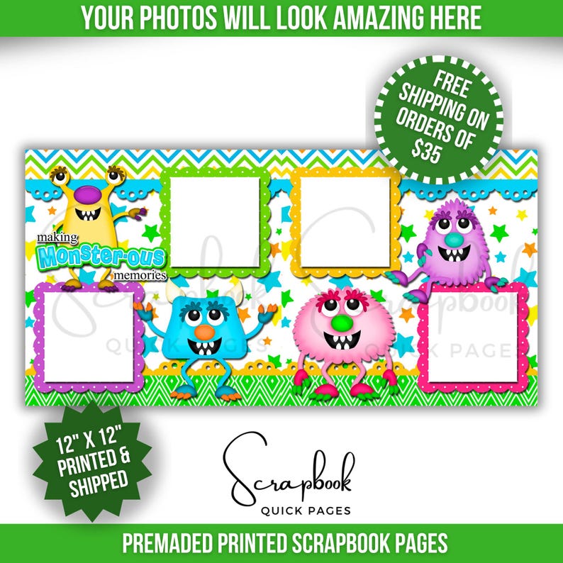 Monster Memories Scrapbook Layout Printed for Boy, Girl or Toddler.  Scrapbook Quick Pages