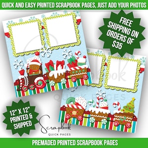 Christmas Scrapbook Layout Gingerbread Train Scrapbook PRINTED Pages Premade Scrapbook Quick Pages 12x12 Holiday Party Scrapbook Digital