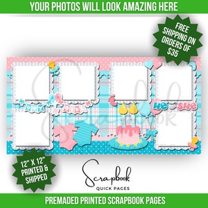 Gender Reveal Scrapbook Pages Premade Boy or Girl Baby Shower Scrapbook Layout Premade PRINTED Scrapbook Quick Page 12x12 Digital Print With Photo Mats
