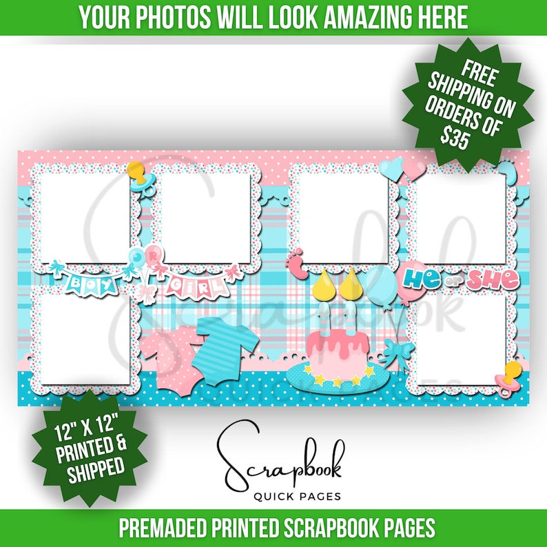 Gender Reveal Scrapbook Pages Premade Boy or Girl Baby Shower Scrapbook Layout Premade PRINTED Scrapbook Quick Page 12x12 Digital Print With Photo Mats