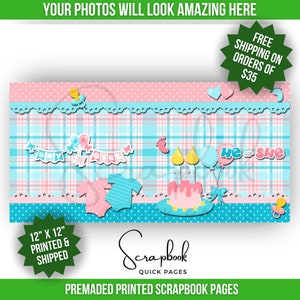 Gender Reveal Scrapbook Pages Premade Boy or Girl Baby Shower Scrapbook Layout Premade PRINTED Scrapbook Quick Page 12x12 Digital Print Without Photo Mats
