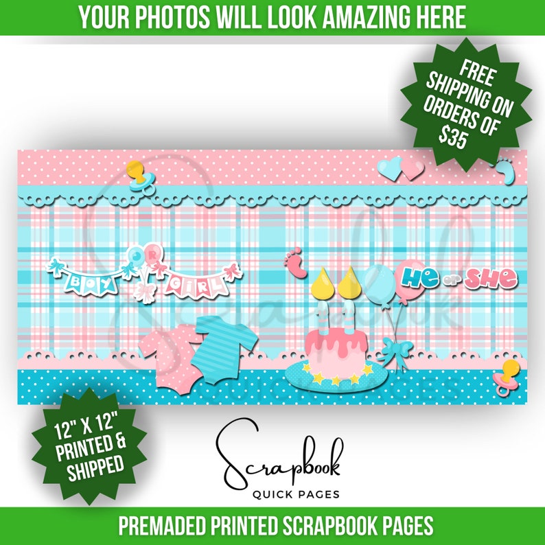 Gender Reveal Scrapbook Pages Premade Boy or Girl Baby Shower Scrapbook Layout Premade PRINTED Scrapbook Quick Page 12x12 Digital Print Without Photo Mats