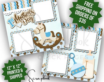 Mother's Day Scrapbook Quick Pages Blue Baby Boy Scrapbook Pages Premade PRINTED 12x12 Scrapbook Pages Digital Print First Mother's Day Baby