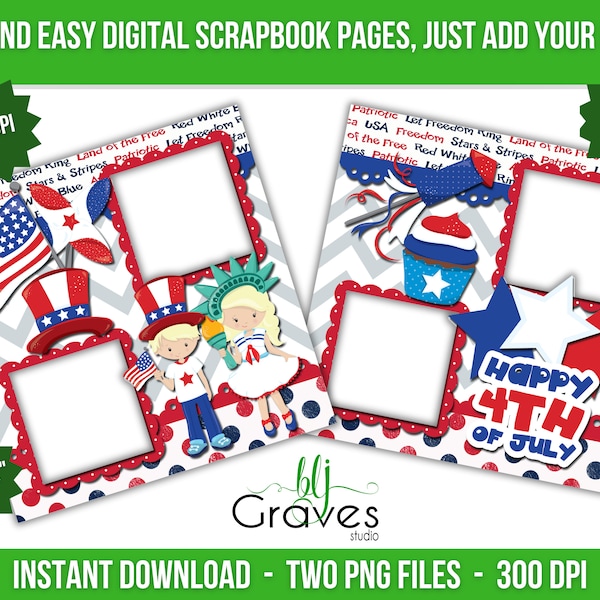 Printable July 4th Scrapbook Quick Pages Patriotic Digital Instant Download 4th of July Digital Scrapbook Independence Day